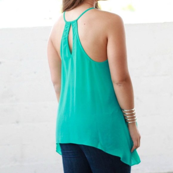 Cutout High Low Flowy Teal Tank Top - Picture 3 of 3